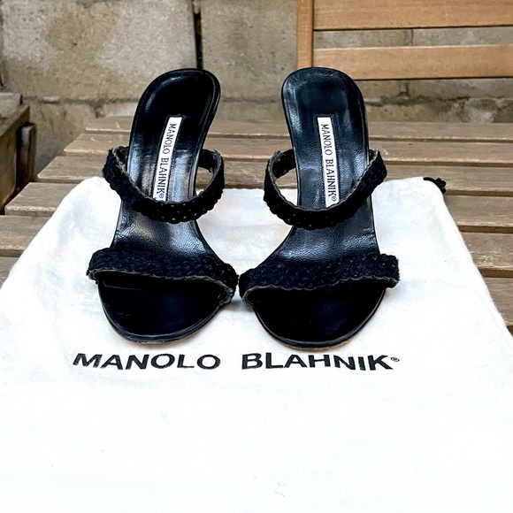 Black pony hair laser cut out strapy Manolo Blahniks 35.5 women sandal heels